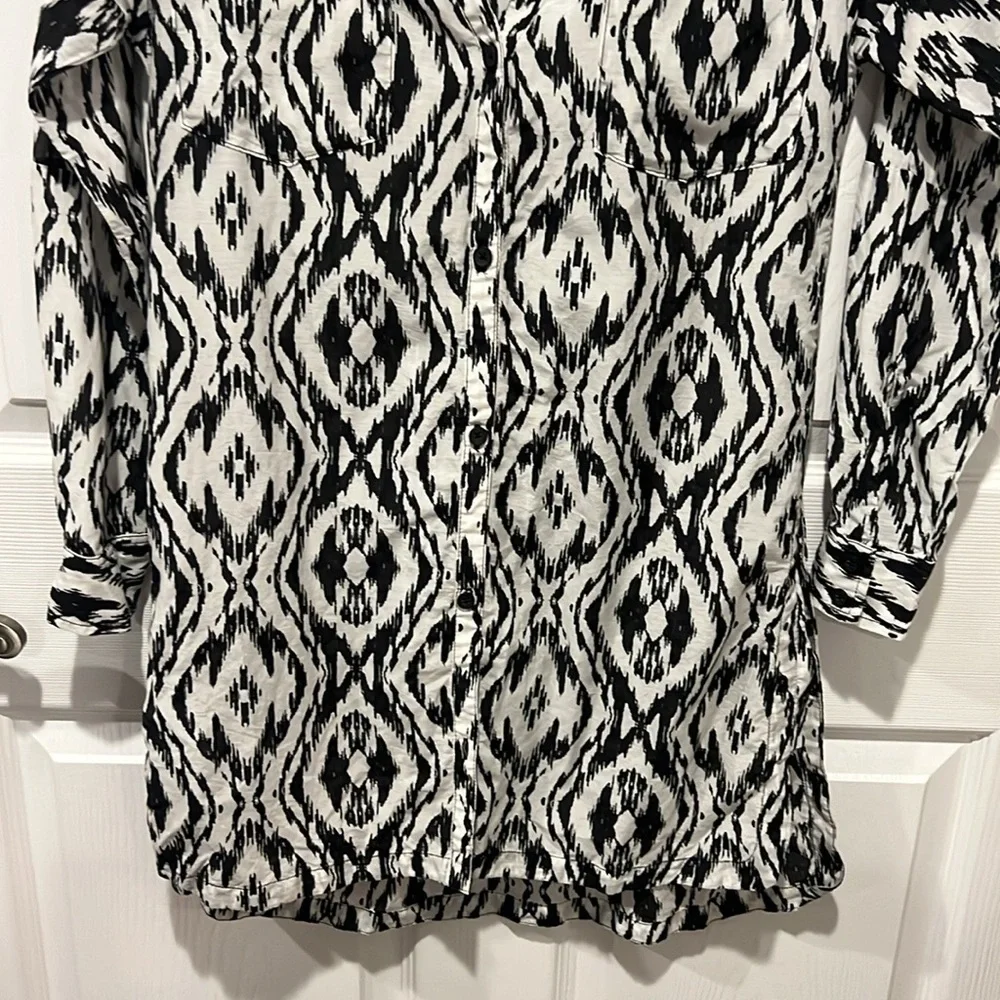 Athleta navy & white button down long sleeve cotton silk blend tunic coverup XS